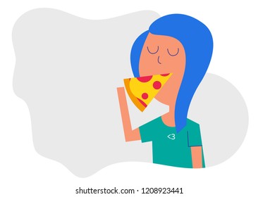 Flat Vector Illustration of hungry girl eating pizza. Pizza and girl. Pizza Design Template.