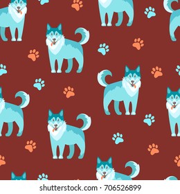 Flat vector illustration. Husky, nice friendly pet. Seamless pattern with dog and track. Modern trendy  illustration