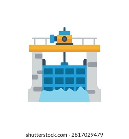 Flat Vector Illustration of a Hydroelectric Dam Sluice Gate Control System for Water Management
