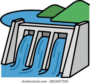 A flat vector illustration of a hydroelectric dam with water flowing over the spillway against a background of green hills.
