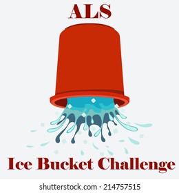 Flat vector illustration of ice cold water spilling from red bucket. ALS Ice Bucket Challenge concept