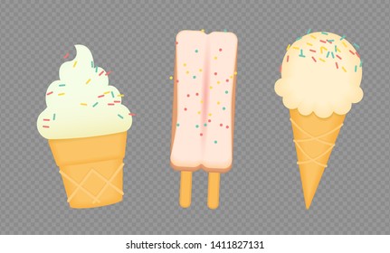 Flat Vector illustration of ice cream. Set of three ise creams, chocolate, vanilla, strawberry, on isolated background. 