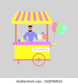 Flat Vector Illustration of Ice Cream Seller. Man sells ice cream in frozen Food Market.