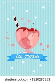 Ilustración vectorial plana de helado en un vidrio con paja
