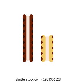 
Flat vector illustration of ice cream vanilla sandwich between two cookies in dark brown color. Isolated on white background