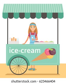 Flat vector illustration of ice cream seller.  Girl sells ice cream in frozen food market.  