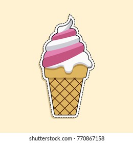 Flat vector illustration of ice cream. Cartoon sticker in comics style with contour. Decoration for greeting cards, posters, patches, prints for clothes, emblems, sticker, icon, logo.