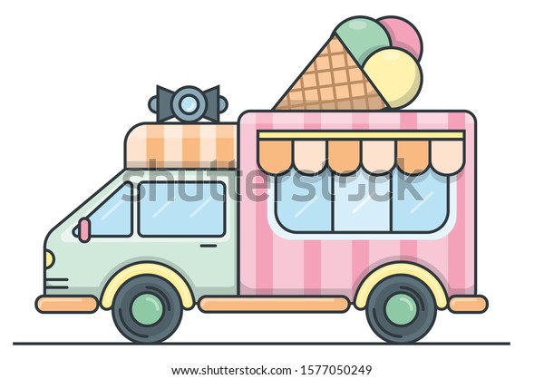 Flat vector illustration of ice\
cream truck with a megaphone and three balls of ice cream in a\
waffle cone on the roof. Side view isolated on white\
background.