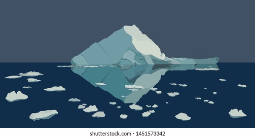 Ilustración vectorial plana de Icebergs en el agua. El paisaje de las rocas de hielo oceánico. Concepto de protección del clima y el medio ambiente.