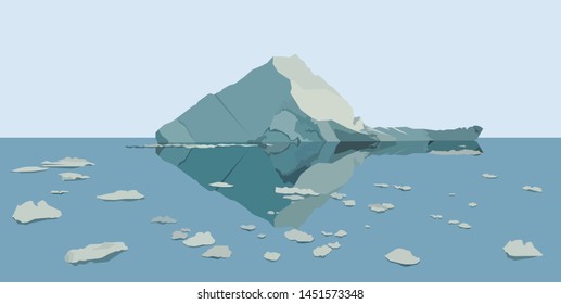 Flat vector illustration of Icebergs in the water. Ocean ice rocks landscape. Climate and environment protection concept.