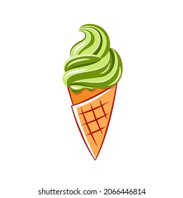 Flat vector illustration of ice-cream in a waffle cone. Ice cream in pistachio and orange colors isolated on white background. Idea for a packing, poster, sticker, postcard, web design and so on.