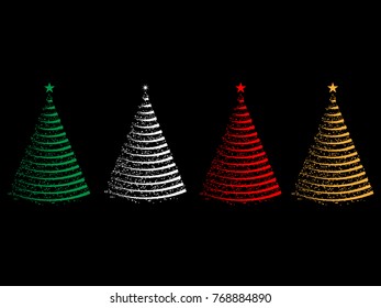 Flat vector illustration icon sign of Christmas trees scribble set decorate with stars and circles on green, red, white, golden color isolated on black background using for Christmas decoration.
