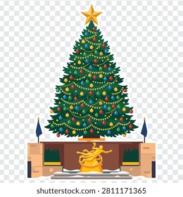 A flat vector illustration of the iconic Rockefeller Center Christmas tree decorated with colorful ornaments and lights, standing above the golden Prometheus statue in New York City.