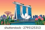 Flat vector illustration of iconic Singapore landmarks under a warm sunset sky with lush greenery