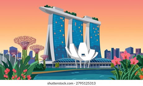 Flat vector illustration of iconic Singapore landmarks under a warm sunset sky with lush greenery