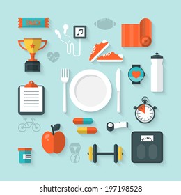 Flat vector illustration of icons for fitness and diet