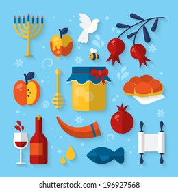 Flat Vector Illustration Of Icons For Jewish New Year Holiday Rosh Hashanah