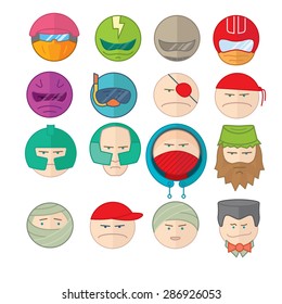 Flat vector illustration icons set with many cartoon persons with different equipment, mood, stuff, helmet, beard, headpiece, casque. snorkel, eye patch, bandana, bow tie, cap, bandage, mask, fracture