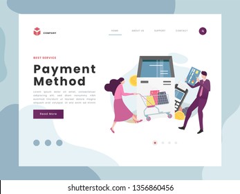 Flat Vector Illustration idea payment concept for landing page template, woman push trolley bring shop bag, man with credit card withdrawal from ATM, financial transactions,Pos-terminal, coin, wallet.