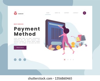 Flat Vector Illustration idea payment concept for landing page template, woman online shopping with trolley bring shop bag and click barcode to reedem money, non-cash financial transactions system.