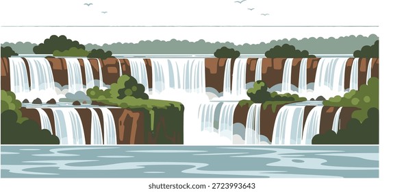Flache Vektorgrafik der Landschaft der Iguazu Falls mit üppigem, grünem Wald