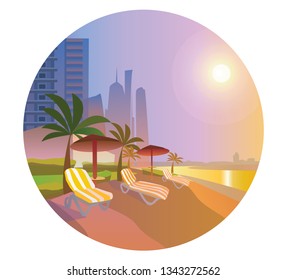 Flat vector illustration with the image of the beach in a circle. Beach with umbrellas.