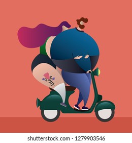 Flat, vector illustration with the image of a couple in love on a scooter. The illustration is ready for printing or use in your design.