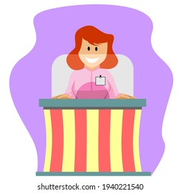 flat Vector illustration image of a ticket counter with teller or cashier.