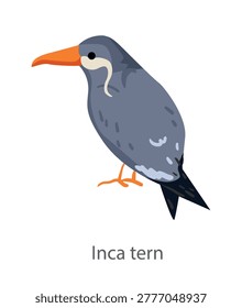 Flat vector illustration of an Inca tern in side view. Distinctive seabird with white facial feathers isolated on a white background.