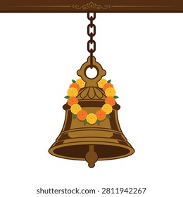 A flat vector illustration of an Indian temple bell adorned with a vibrant marigold flower garland.