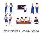 Flat Vector Illustration of Indonesian Junior High School Students in Uniform Doing Various School Activities. Illustrations for websites, landing pages, mobile apps, posters and banners