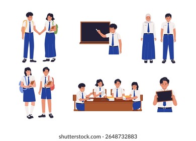 Flat Vector Illustration of Indonesian Junior High School Students in Uniform Doing Various School Activities. Illustrations for websites, landing pages, mobile apps, posters and banners