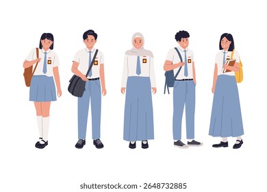 Flat Vector Illustration of Indonesian Senior High School Students Standing in Uniform. Illustrations for websites, landing pages, mobile apps, posters and banners