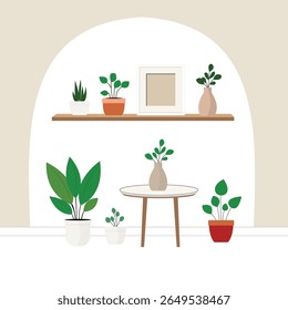 Flat vector illustration of indoor room interior with houseplants, pots, wooden furniture, and arched wall. Minimalist botanical decor in cozy modern home style. Soft neutral colors.