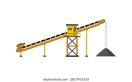 Flat vector illustration of an industrial conveyor belt system used in mining, quarry, aggregate handling, and factory material processing. Heavy-duty conveyor equipment isolated on white background. Ideal for engineering, manufacturing, industrial automation, logistics, and construction industry projects.