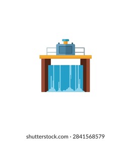Flat vector illustration of an industrial dam gate with water flowing, isolated on white background