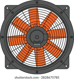 A flat vector illustration of an industrial electric cooling fan with orange blades and a black metal protective grill frame.