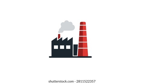 A flat vector illustration of an industrial factory building featuring a tall red brick chimney with smoke emitting from it