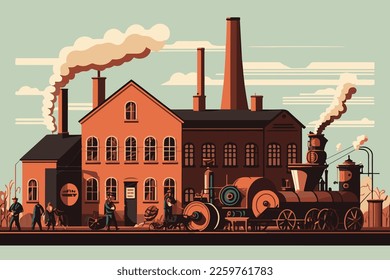 Flat vector illustration of the industrial revolution showing machines, factories, and water vapor. - Shutterstock ID 2259761783