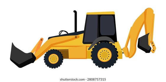 Flat vector illustration of a industrial yellow wheel backhoe loader excavator tractor isolated on white background.
