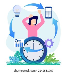 Flat vector illustration of ineffective multitasking resulting in work anxiety. Work fatigue leads to stress. Business people are hit by a hectic schedule.