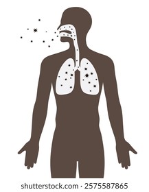 Flat vector illustration of infected human lungs with viral pneumonia and coronavirus on white background. Person breathing and spreading covid. Stop pandemic, detail outline of anatomy isolated.