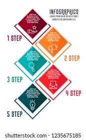 Flat vector illustration. Infographic template with five elements, quadrilaterals with icons. Designed for business, presentations, web design, process diagrams, training with 5 steps.