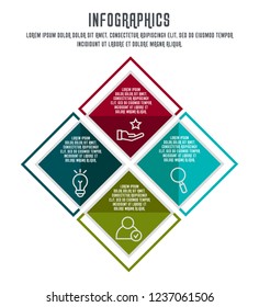 Flat vector illustration. Infographic template with four elements, quadrilaterals with icons. Designed for business, presentations, web design, process diagrams, training with 4 steps.