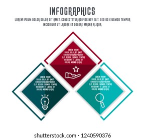Flat vector illustration. Infographic template with three elements, quadrilaterals with icons. Designed for business, presentations, web design, process diagrams, training with 3 steps.