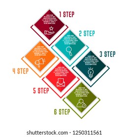 Flat vector illustration. Infographic template with six elements, quadrilaterals with icons. Designed for business, presentations, web design, process diagrams, training with 6 steps.