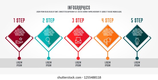 Flat vector illustration. Infographic template with five elements, quadrilaterals with icons. Designed for business, presentations, web design, process diagrams, training with 5 steps.