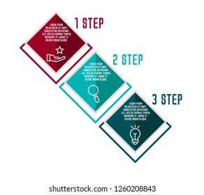 Flat vector illustration. Infographic template with three elements, quadrilaterals with icons. Designed for business, presentations, web design, process diagrams, training with 3 steps.