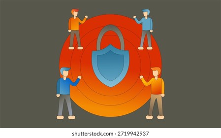 Ilustración vectorial plana de los conceptos de protección de la información y privacidad de datos. Personas alrededor de un ícono de escudo y candado que representa la ciberseguridad, sistemas seguros, protección de datos digitales y privacidad en línea. Diseño plano moderno adecuado para Sitios web, App móviles, infografías, presentaciones, materiales de seguridad corporativa y proyectos relacionados con la tecnología. 