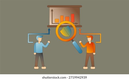 Flat vector illustration of information protection and data privacy concepts. People standing around a shield and lock icon representing cybersecurity, secure systems, digital data protection, and online privacy. Modern flat design suitable for websites, mobile apps, infographics, presentations, corporate security materials, and technology-related projects. 